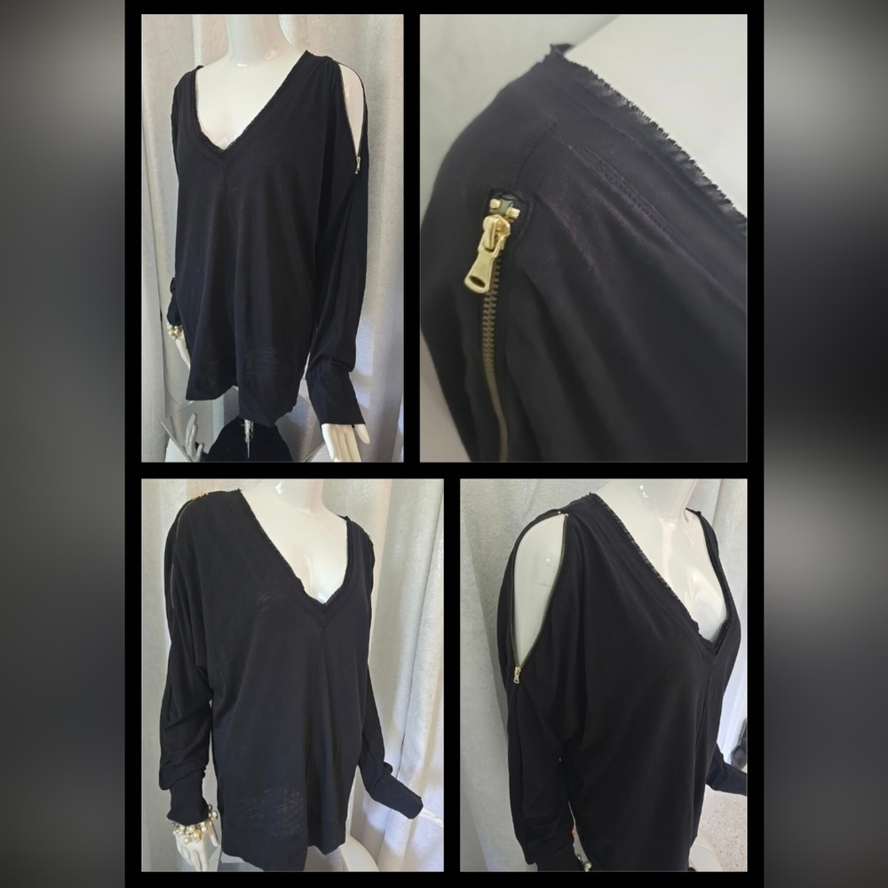 Rachel Roy Women V-Neck T Shirt Cold Zip Open  Cold Shoulders Black Large Sexy